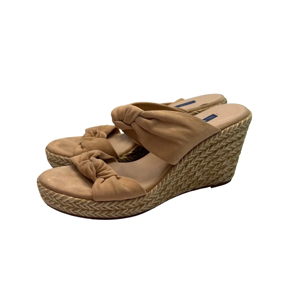 Stuart Weitzman Tan Suede Knot Espadrille Wedge Sandals ZW 65639 Womens 7M Spain